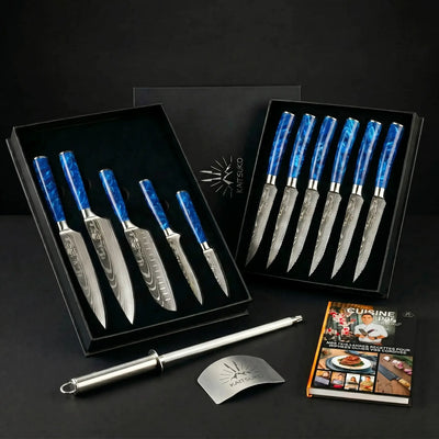 Christmas Passion Set - Tanaka Ocean Blue (6 steak knives + 5 Japanese knives + 1 pro sharpener + finger guard + free Kaitsuko book)