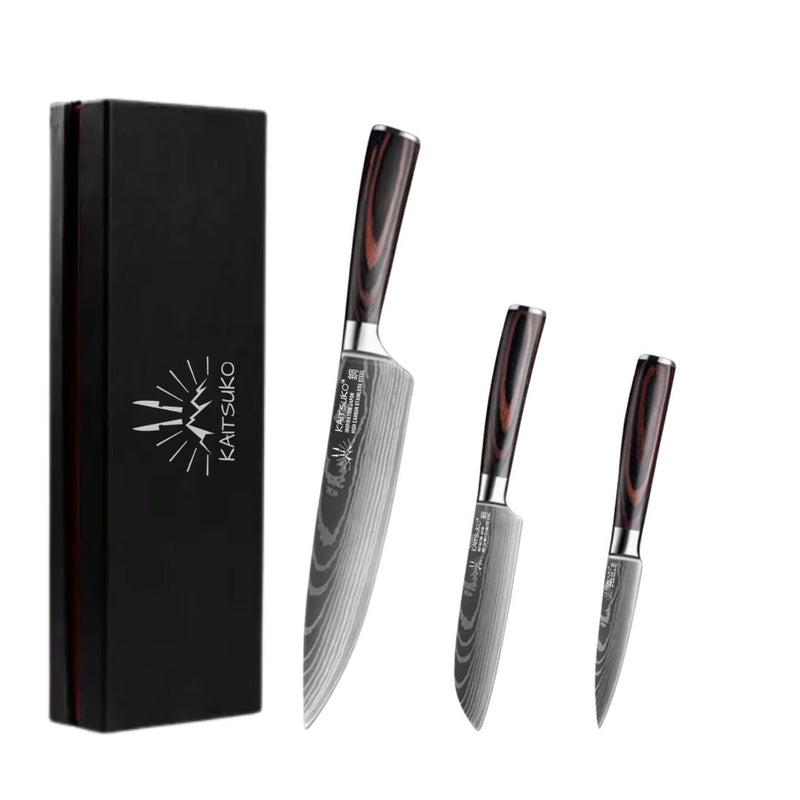 Set of 3 stainless steel kitchen knives with wooden handles