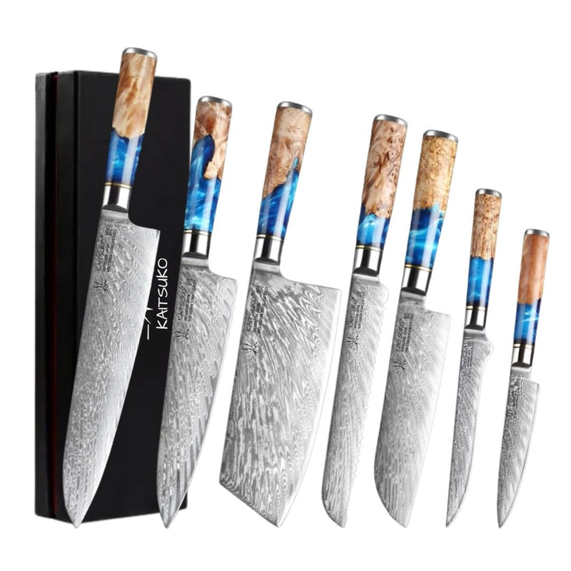Set of 7 Japanese kitchen knives damas steel 67 layers_ Yellow Sea