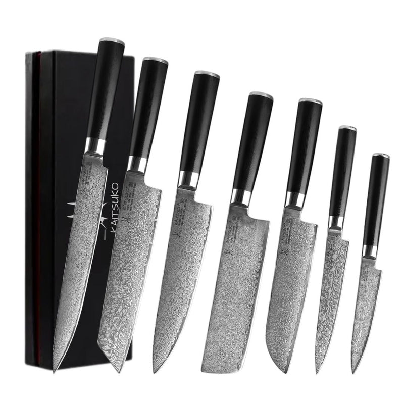 Set of 7 professional kitchen knives damas steel Collection Kyoto