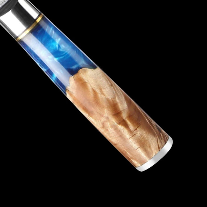 Ergonomic handle in blue and beige resin